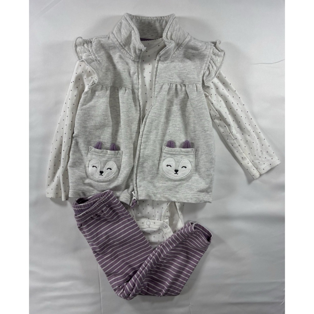 Carter's Girls 24 Months 3pc Outfit Set Gray Zip Vest Shirt Purple Pants